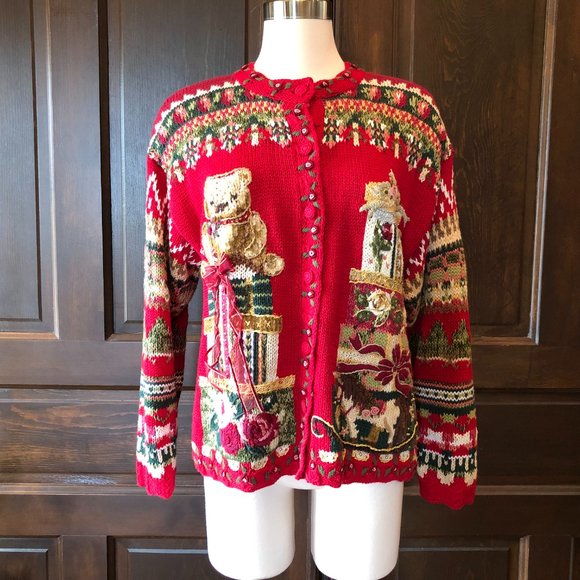 Vintage Tiara Petites Size PM Red Cardigan Sweater 2000 Teddy Bear Fair Isle - Picture 3 of 13